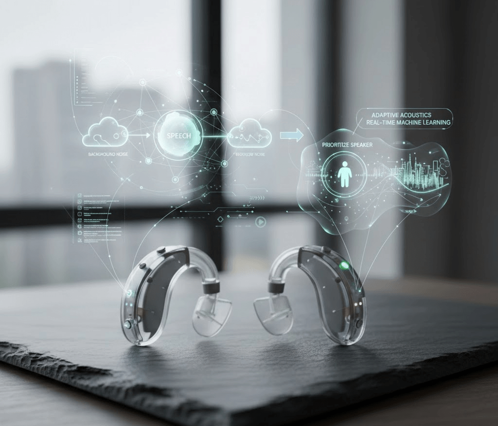 A pair of modern hearing aids displayed on a wooden surface, with transparent digital graphics illustrating features like speech recognition, background noise reduction, and machine learning technology.