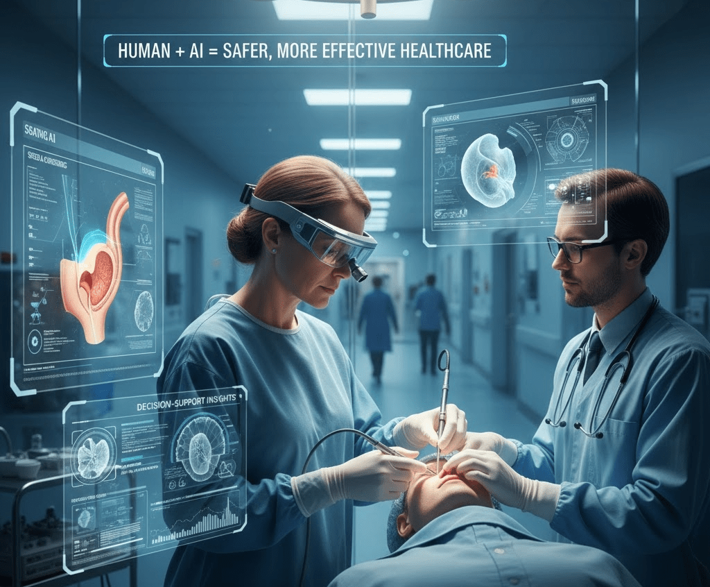 A healthcare professional wearing augmented reality glasses consults digital displays while assisting in a medical procedure, showcasing the integration of technology and healthcare.