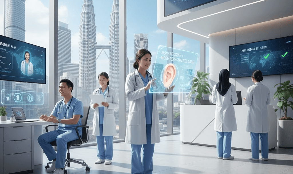 A modern healthcare setting with medical professionals interacting with digital displays. A woman in a lab coat is holding a holographic image of an ear, while two colleagues work on a computer and another reviews documents. The scene features tall buildings in the background, indicating an urban environment.