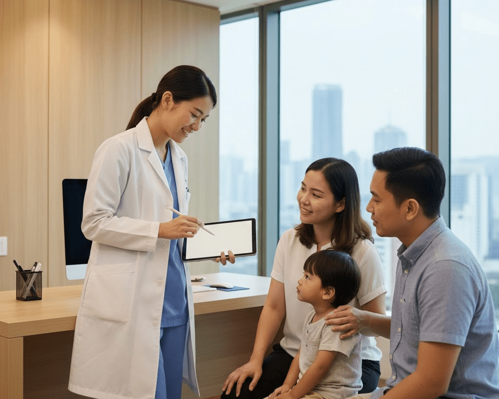 A medical professional in a white coat is explaining something on a tablet to a young family in a healthcare setting. The mother and father are seated with their child, who appears to be listening attentively.