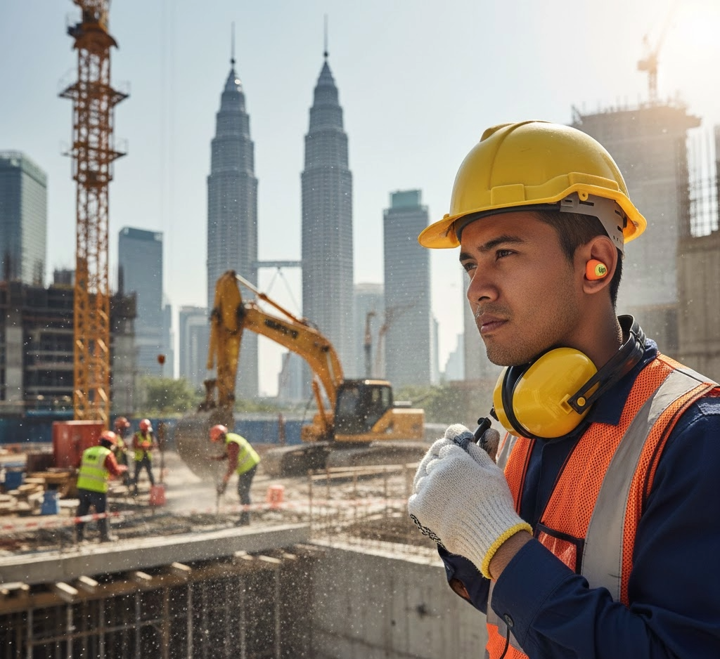 A construction worker wearing a yellow hard hat, safety gloves, and earmuffs, standing at a building site with cranes and the Petronas Towers in the background.