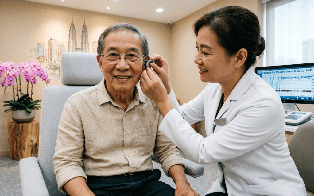 A healthcare professional fitting a hearing aid for an elderly man in a medical office, with orchids and a cityscape in the background.