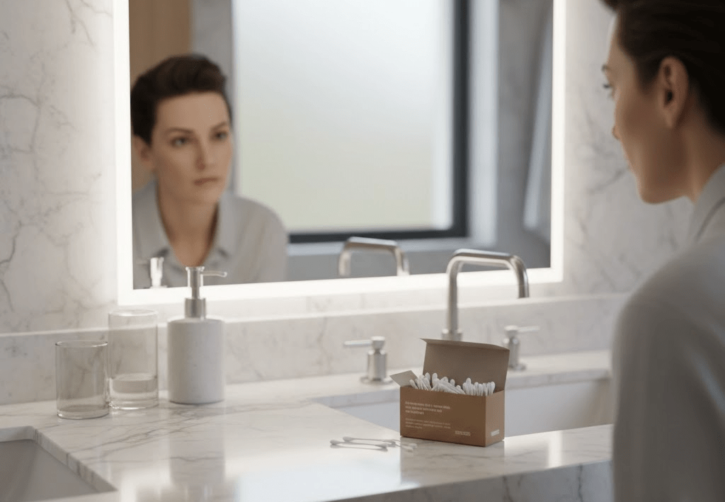 A woman looking at her reflection in a bathroom mirror, with a box of cotton swabs on the marble countertop.