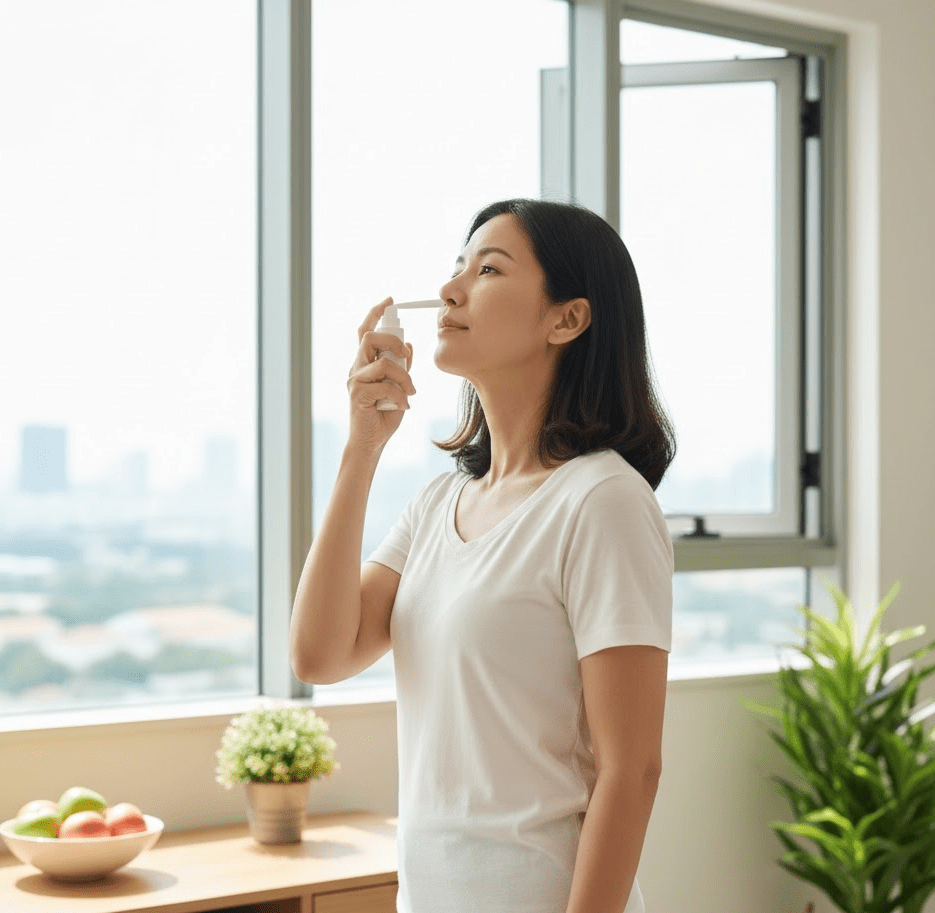 A woman using a nasal spray while standing near a window with a view, wearing a casual white t-shirt in a bright, modern room.