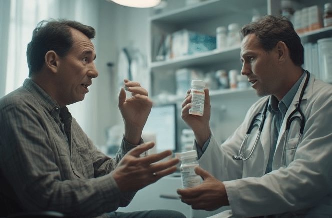 A doctor in a white coat explaining medication to a male patient in an office, with both individuals engaged in discussion.