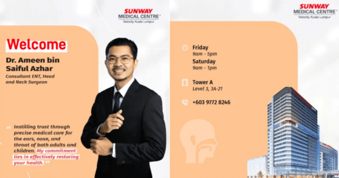 Promotional image for Dr. Ameen bin Saiful Azhar, a Consultant ENT, Head and Neck Surgeon at Sunway Medical Centre, displaying office hours and contact information.