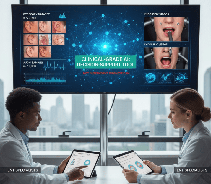 Two ENT specialists reviewing data related to a clinical-grade AI decision-support tool, with a large screen displaying otoscopy images, audio samples, and endoscopic videos.