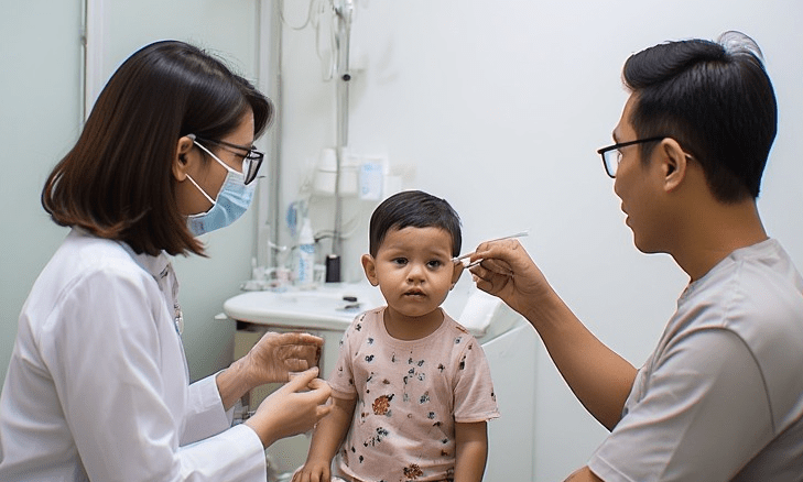 A healthcare professional examines a young child in a medical office, while a parent observes the process.
