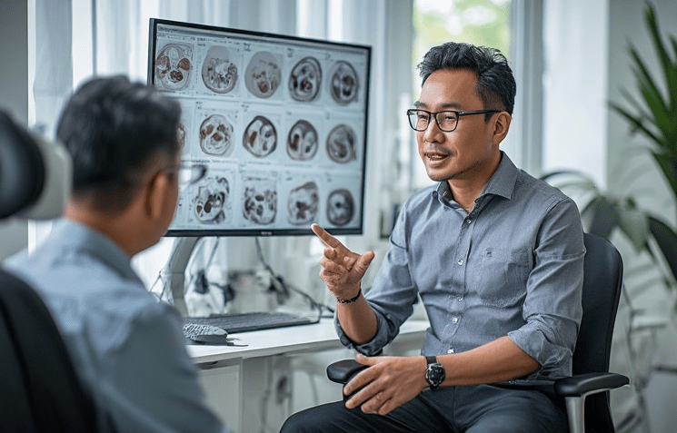 A healthcare professional discussing findings with a patient in an office setting, with medical images displayed on a screen in the background.