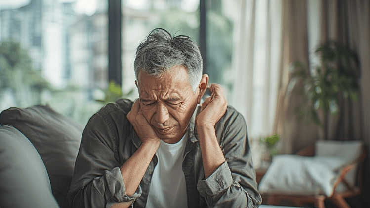 An elderly man sitting on a sofa, looking distressed while holding his head in his hands, suggesting discomfort or pain.