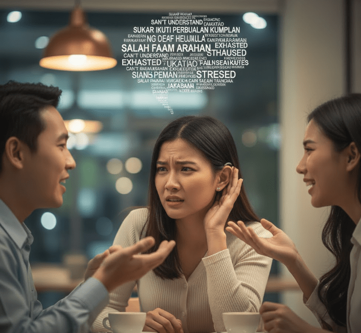 A tense conversation between three young adults in a café, one woman shows concern and stress, while the others appear engaged in discussion.