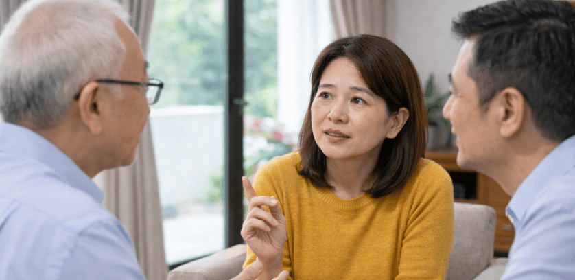 A woman in a yellow sweater engaged in a discussion with two men, one with glasses and the other with short dark hair, in a bright, modern living space.