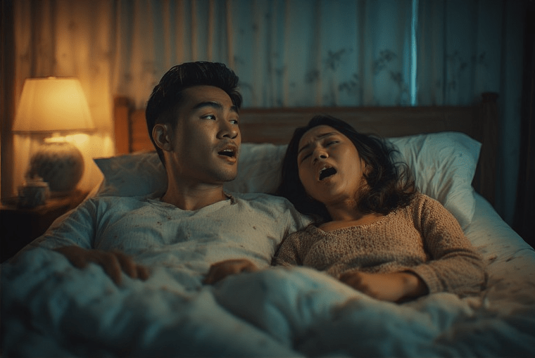 A man and woman lying in bed, singing joyfully together with a warm bedside lamp illuminating the scene.