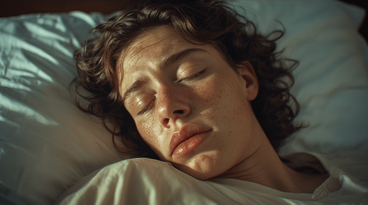 A close-up of a person with curly hair sleeping on a pillow, showcasing their peaceful expression.