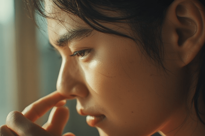 Close-up profile of a young person thoughtfully touching their nose, with soft lighting highlighting their facial features.