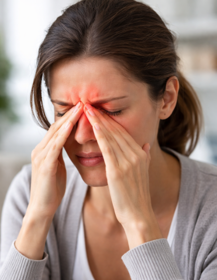 A woman with closed eyes is holding her forehead and the bridge of her nose, appearing to be in discomfort or pain.