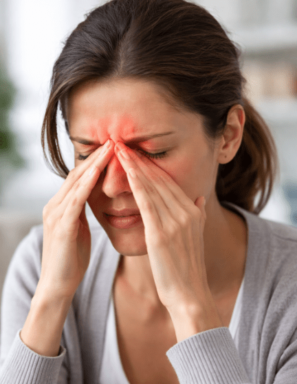 A woman with her hands on her forehead, exhibiting signs of discomfort and stress.