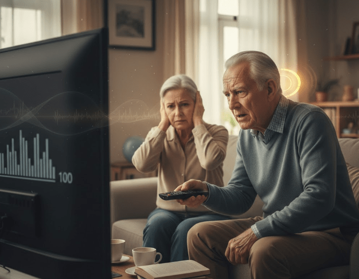 An older man and woman sitting on a couch in a living room, watching a television. The man appears focused and concerned while holding a remote, and the woman covers her ears, looking distressed by the loud noise from the TV. Soft lighting and a warm atmosphere create a domestic setting.