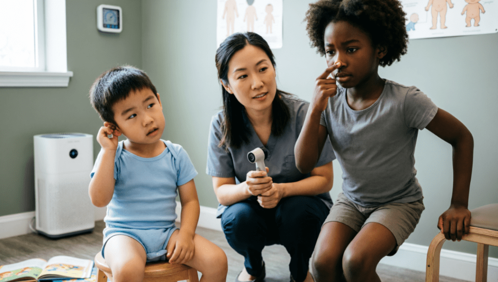 A healthcare professional interacts with two children in a medical setting, with one child sitting on a stool and the other observing attentively.