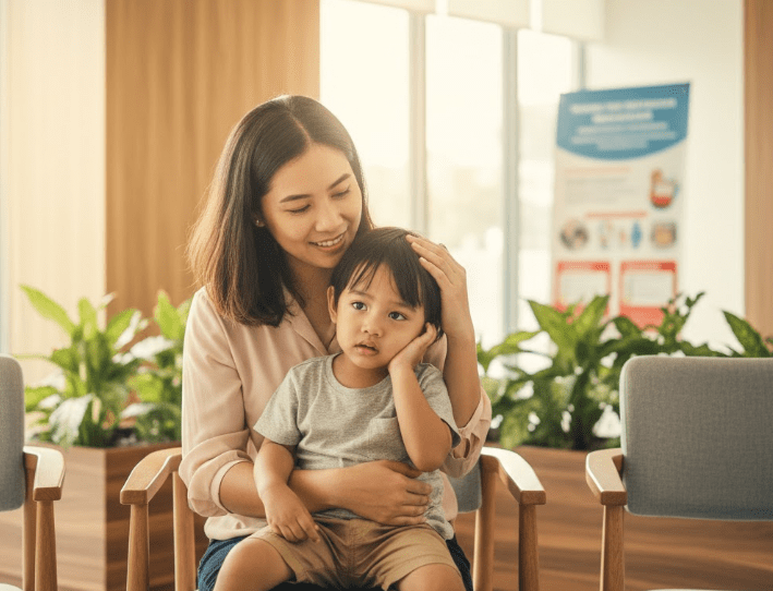 A woman seated with a young boy on her lap, smiling and gently touching his head. They are in a bright, modern indoor space with plants and chairs.