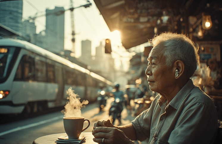 An elderly man sitting at a café table, gazing thoughtfully at a street scene with a train passing by. A steaming cup of coffee is in front of him, illuminated by the warm glow of sunset.