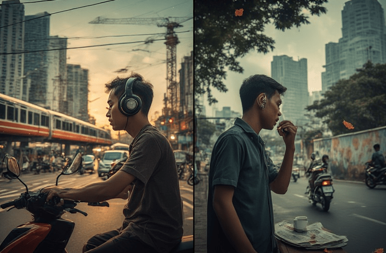 A split image featuring two young men in an urban setting; on the left, one is riding a motorcycle wearing headphones, with a train passing behind and construction cranes visible; on the right, another man stands holding an apple, wearing earphones, in a busy street with a backdrop of tall buildings.