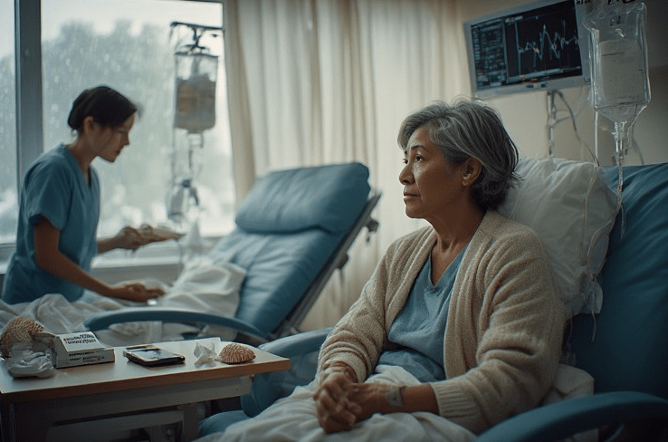A female patient sitting in a hospital room, looking contemplative while an attending nurse prepares medication nearby. The room features medical equipment and intravenous drips.