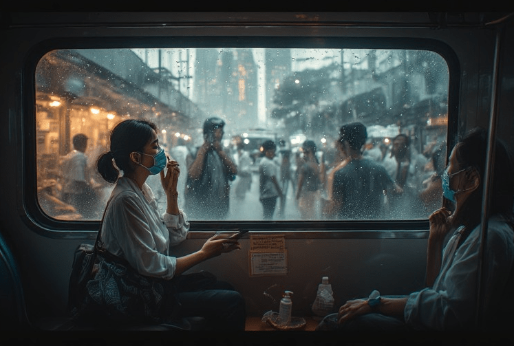 Two women wearing masks sit inside a train, looking out at a rain-soaked street filled with pedestrians in masks.