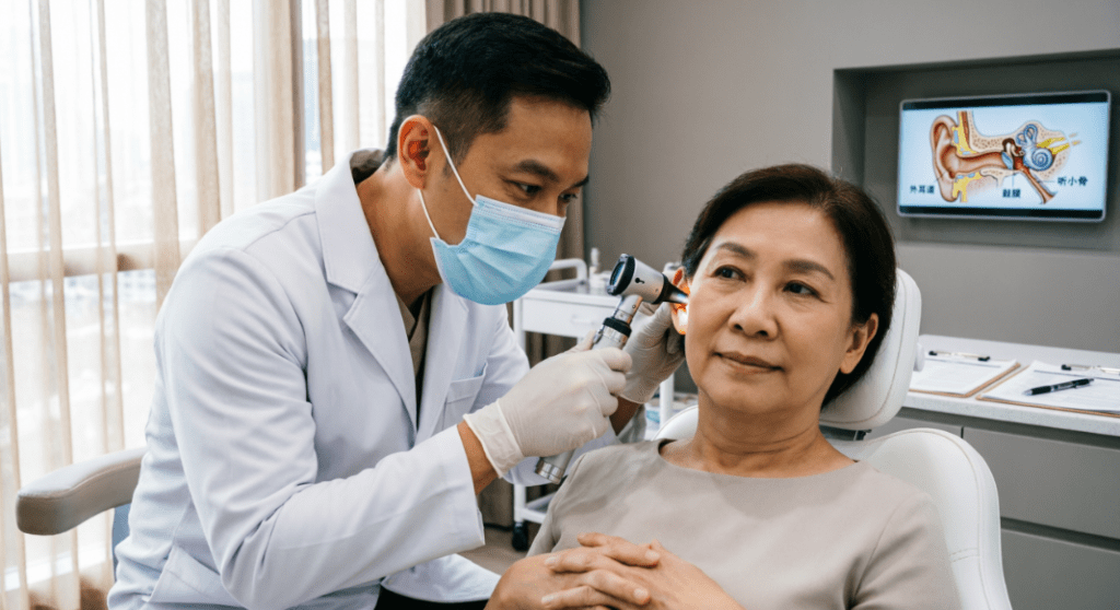 An ear doctor examining an elderly woman's ear in a medical office, with a diagram of the ear anatomy in the background.