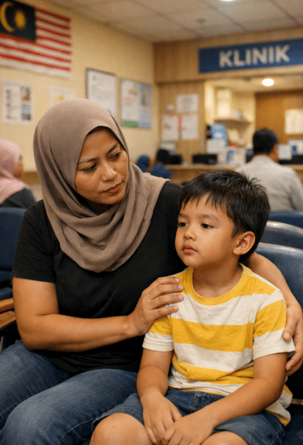 A woman wearing a hijab comforting a young boy in a waiting room, with a klinik sign visible in the background.