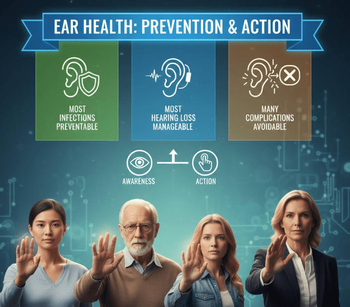 Graphic about ear health titled 'Ear Health: Prevention & Action' featuring four key points: 'Most infections preventable', 'Most hearing loss manageable', and 'Many complications avoidable'. Includes images of people showing awareness and action.