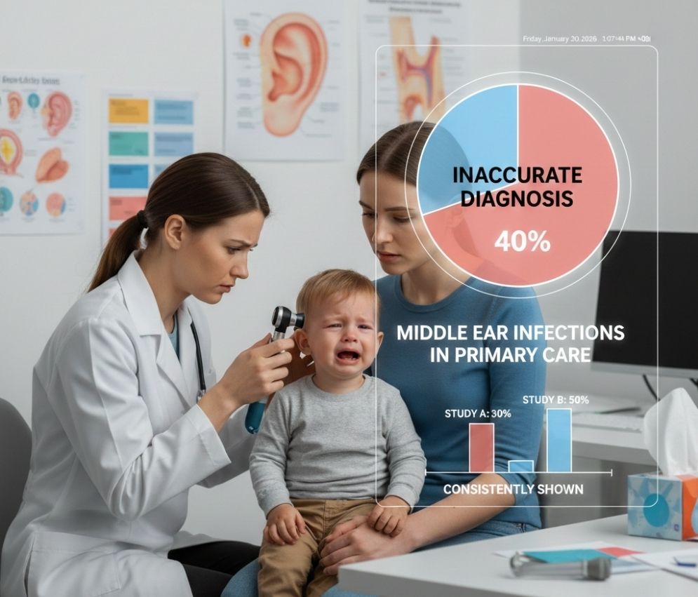 A doctor examining a crying child with an otoscope while a concerned mother watches. Infographics about inaccurate diagnoses in middle ear infections are visible in the background.