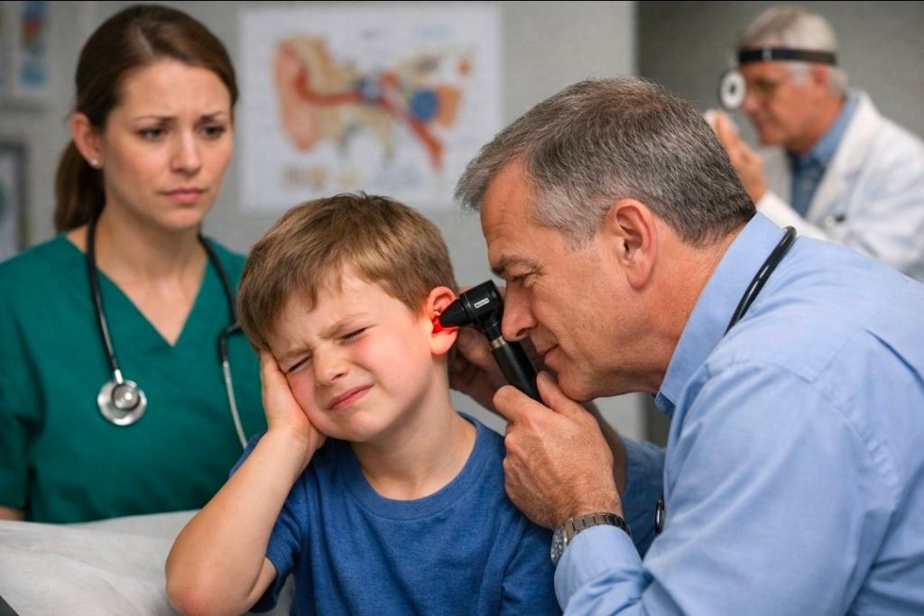 A doctor examines a young boy's ear while the boy shows signs of discomfort, accompanied by a concerned nurse in a medical setting.