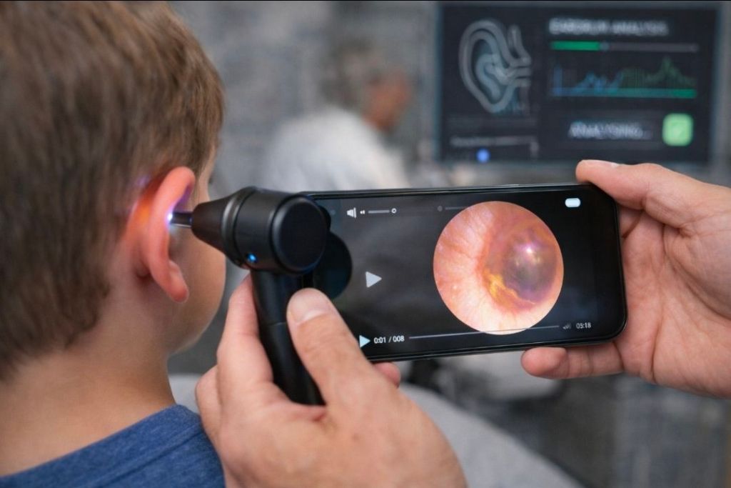 A healthcare professional using a smartphone otoscope to examine a child's ear, with an image of the ear canal displayed on the phone screen.