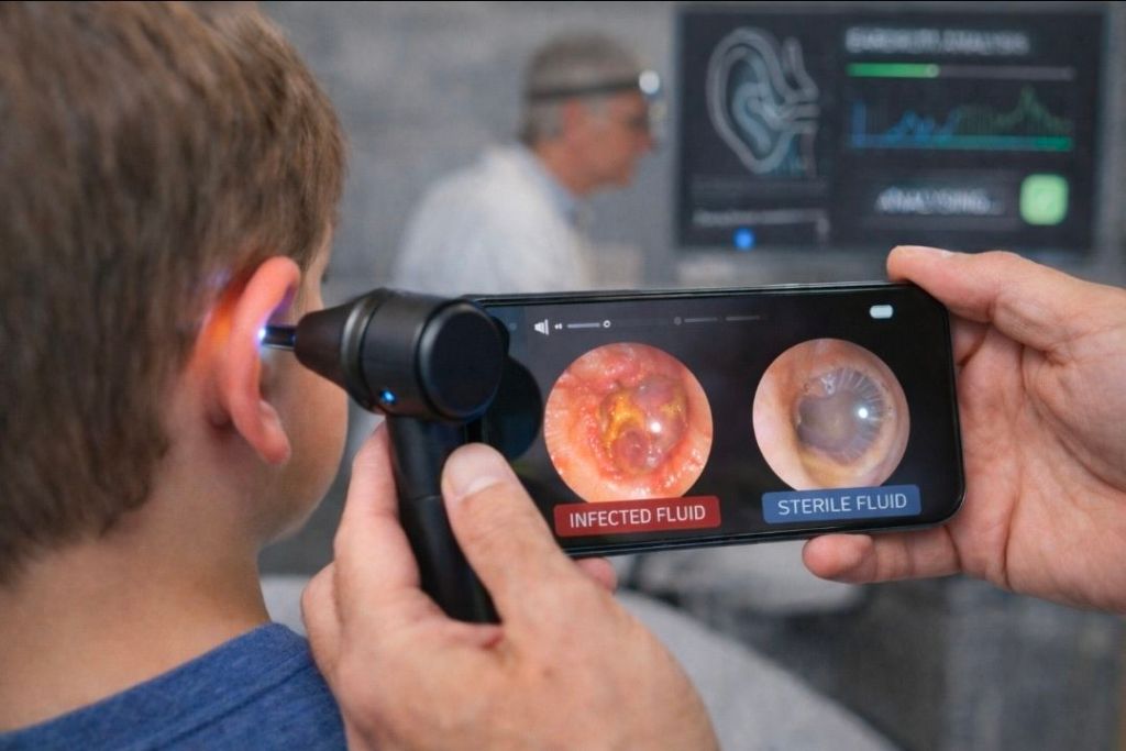 A close-up of a child's ear being examined with a digital otoscope connected to a smartphone, displaying two images: one of infected fluid and the other of sterile fluid.