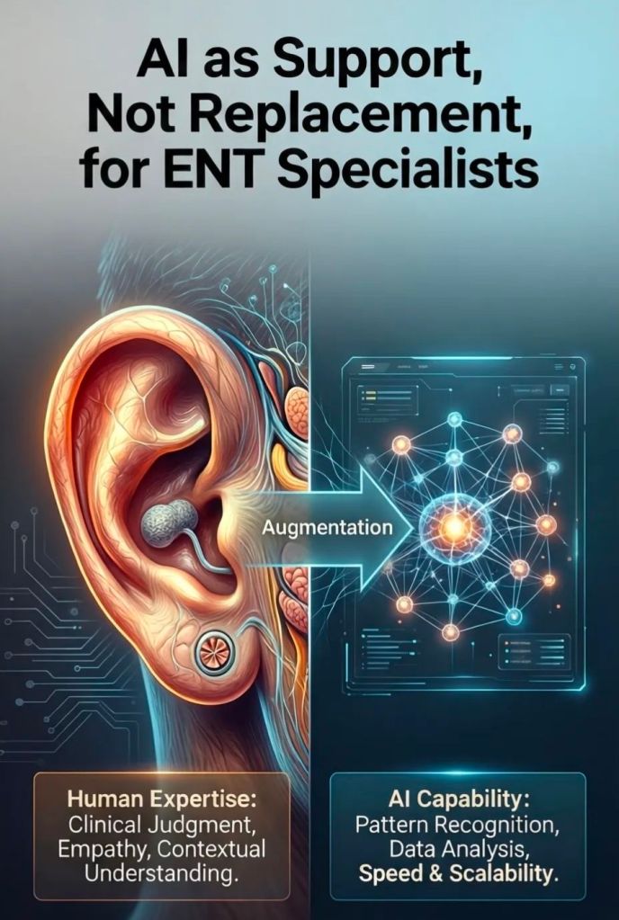 Illustration depicting an ear with circuitry, highlighting AI as a support tool for ENT specialists, emphasizing the roles of human expertise and AI capabilities.