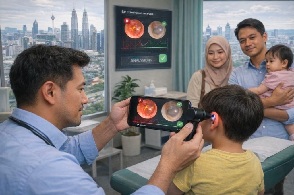 A healthcare professional examines a young boy's ear using a smartphone device, while his parents observe. The urban skyline is visible through the window, with medical analysis displayed on a screen in the background.
