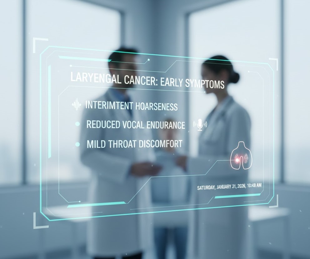 A medical display showing early symptoms of laryngeal cancer, including intermittent hoarseness, reduced vocal endurance, and mild throat discomfort, with two doctors discussing in an office setting.