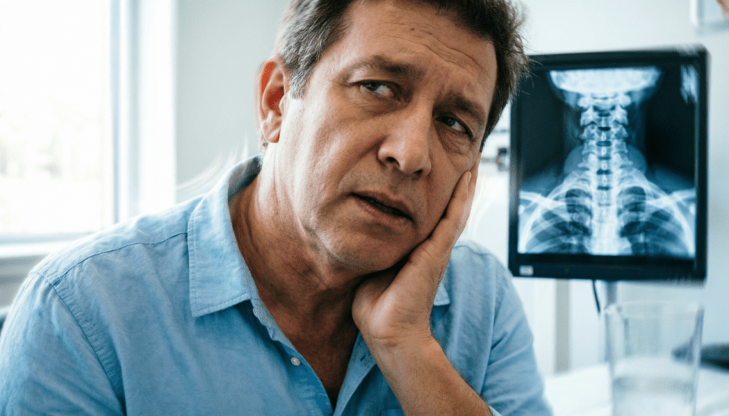 A concerned middle-aged man touching his face, sitting in a medical office with an X-ray image of a cervical spine displayed behind him.