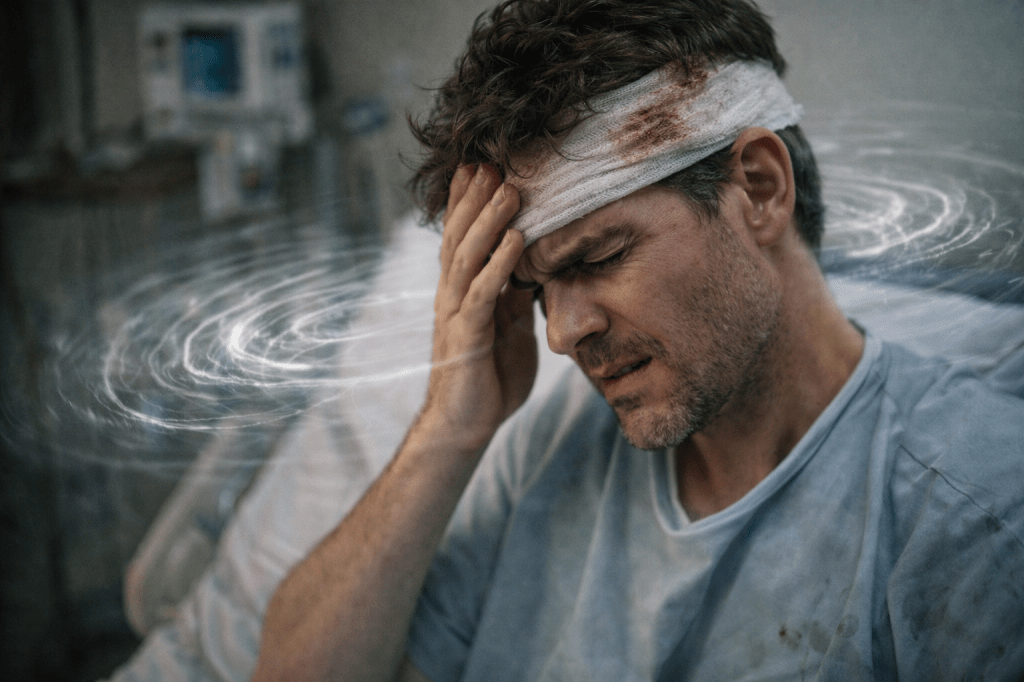 A man sitting on a hospital bed, holding his head in pain, with a bandage wrapped around his forehead and a distressed expression, surrounded by a swirling graphic effect suggesting dizziness.