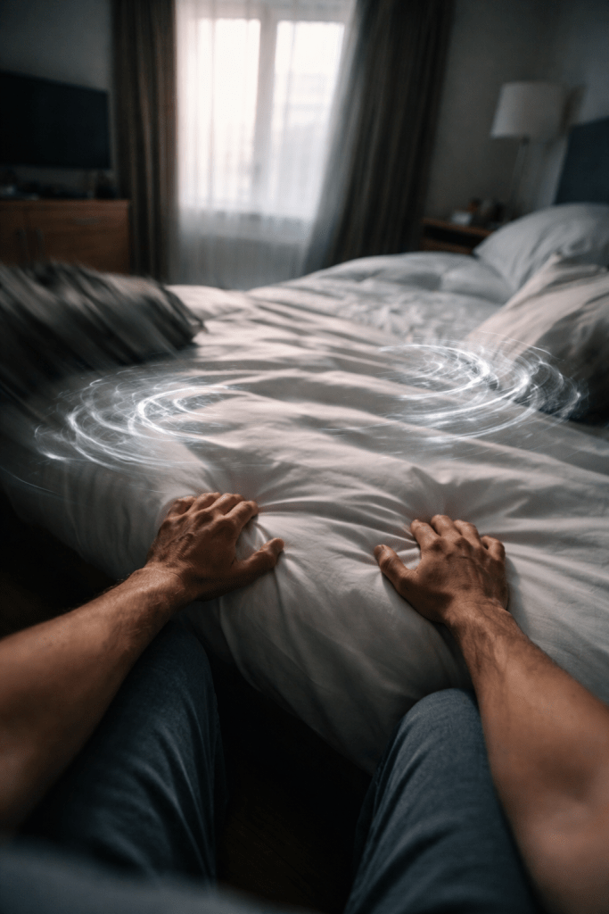 A person's hands resting on a rumpled bed with swirling light effects, suggesting a dreamlike or supernatural atmosphere.