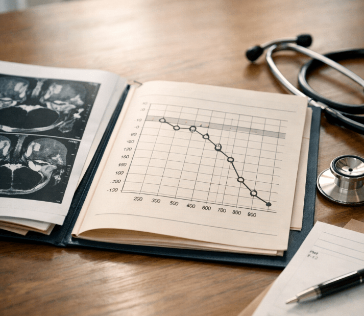 An open medical report featuring plotted data on a graph, alongside medical images and a stethoscope on a wooden table.