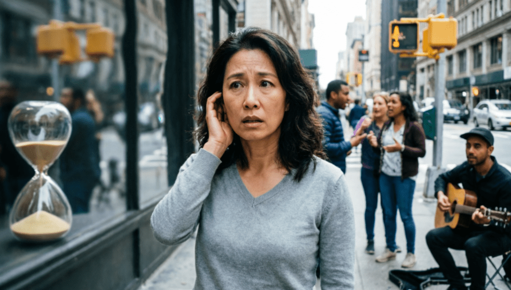 A concerned woman standing on a city street, holding her ear as if listening intently, with a busy street scene behind her featuring an hourglass and musicians.