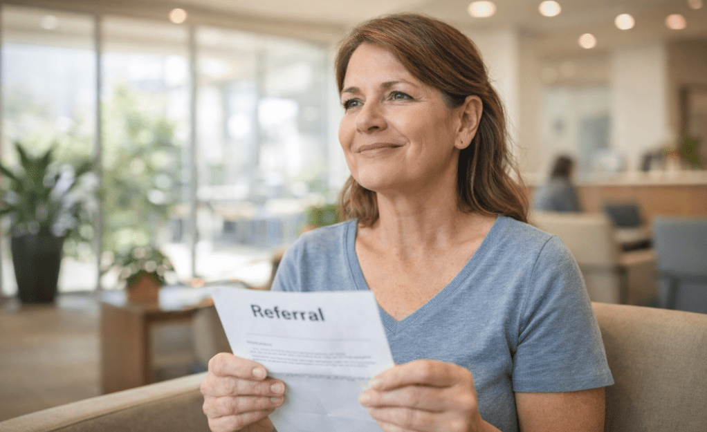 A woman sitting in a waiting area, smiling while holding a referral document.