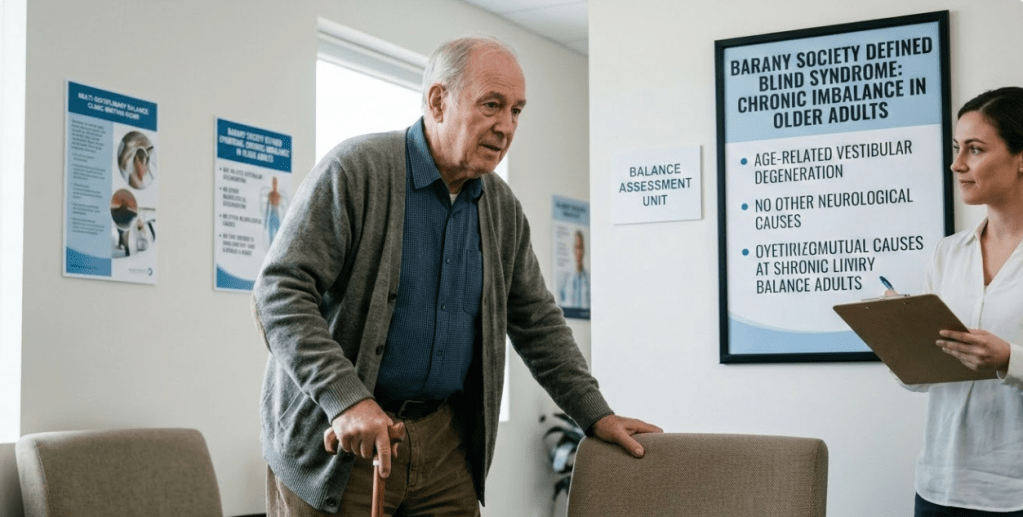 An elderly man using a cane in a medical office, discussing balance issues with a healthcare professional who is holding a clipboard. Posters on the walls detail information about balance assessments and conditions related to older adults.