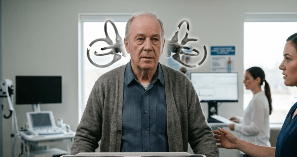An elderly man standing in a medical office, appearing apprehensive, with medical equipment in the background and a woman reaching out to him.