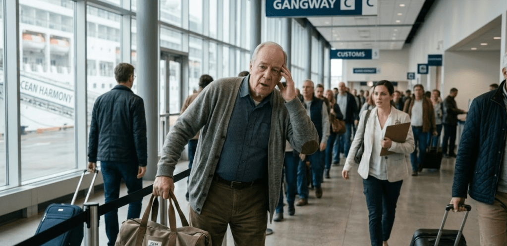An older man looking concerned while walking through an airport terminal, carrying a bag, with other passengers in the background.