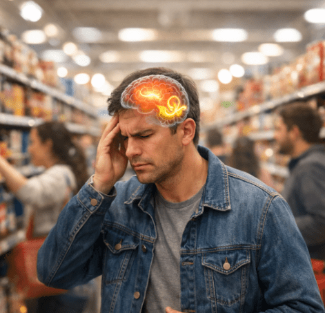 A man in a supermarket experiencing a headache, with a graphic representation of a brain highlighted above his head.