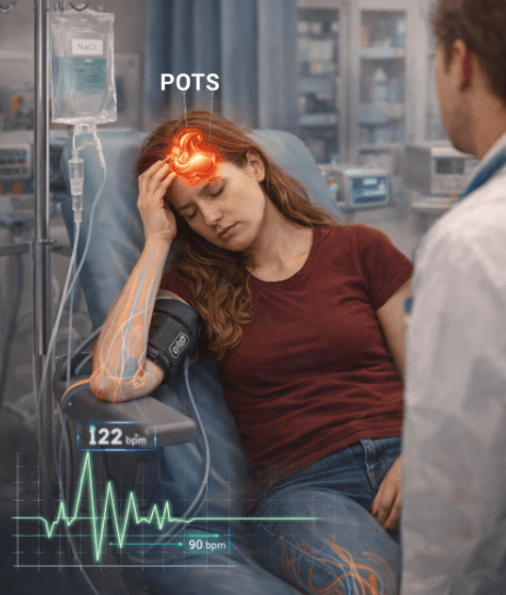 A woman sitting in a medical setting appears unwell, resting her head on her hand. She has a blood pressure cuff on her arm, and vital signs including heart rate are displayed, indicating symptoms of POTS (Postural Orthostatic Tachycardia Syndrome).