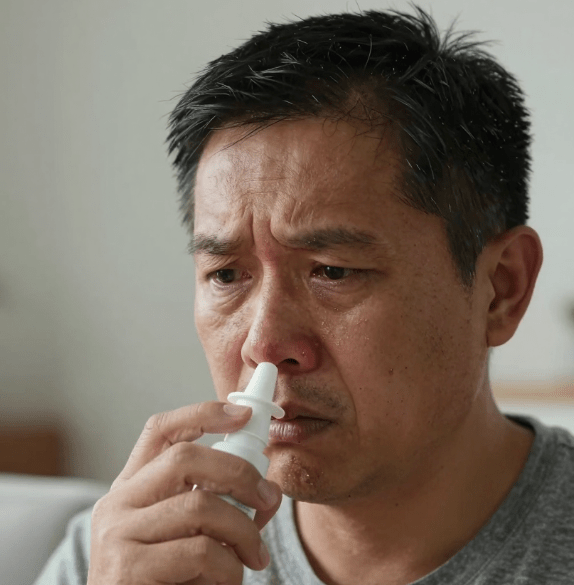 A man holding a nasal spray close to his face with a concerned expression.